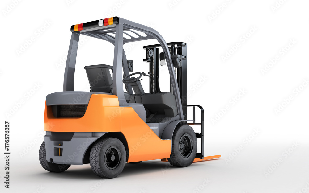 3d rendering forklift truck isolated on white background. Rear view. Look to the right