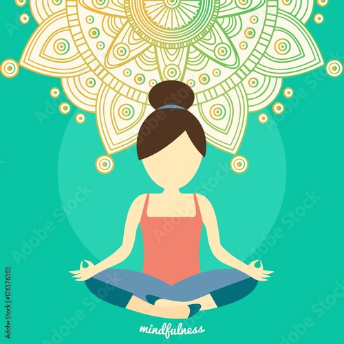 Young woman meditating in lotus pose. Healthy lifestyle and mindful meditation concept illustration vector.