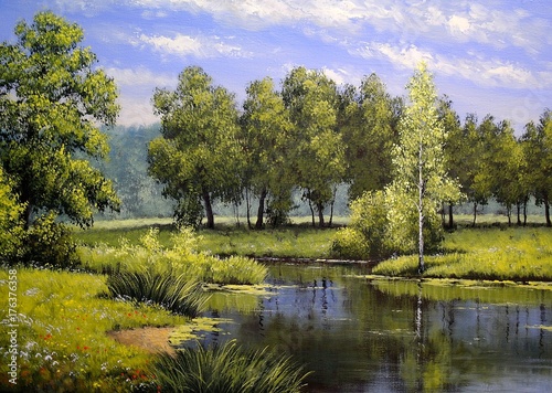 Fototapeta Naklejka Na Ścianę i Meble -  Oil paintings landscape, river and trees, pond, art