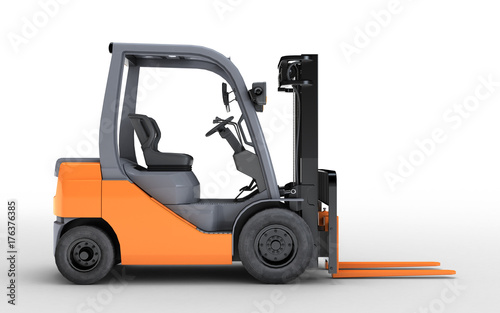 3d rendering forklift truck isolated on white background. Side view. Look to the right