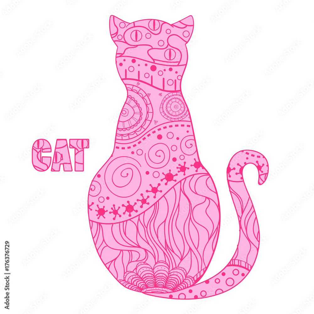Cat. Design Zentangle. Hand drawn cat with abstract patterns on isolation background. Design for spiritual relaxation for adults. Zen art. Decorative style. Print for polygraphy, posters and textiles Cat. Design Zentangle. Hand drawn cat with abstract patterns on isolation background. Design for spiritual relaxation for adults. Zen art. Decorative style. Print for polygraphy, posters and textiles