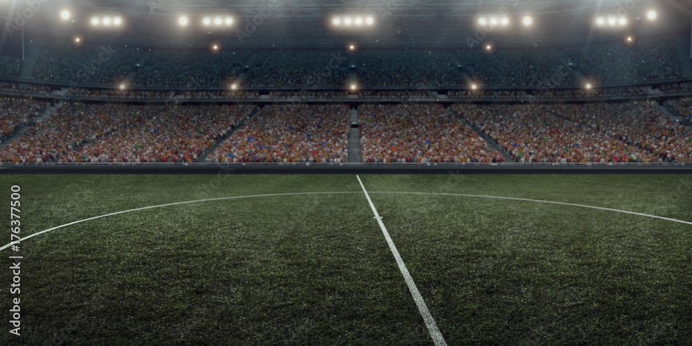 Fototapeta premium Professional soccer arena in 3D. Dramatic soccer stadium are full of fans.