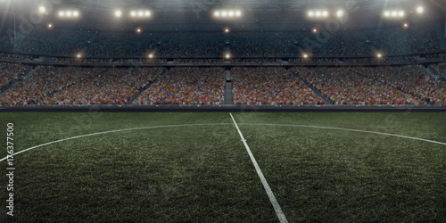 Professional soccer arena in 3D. Dramatic soccer stadium are full of fans.