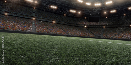 Professional soccer arena in 3D. Dramatic soccer stadium are full of fans.
