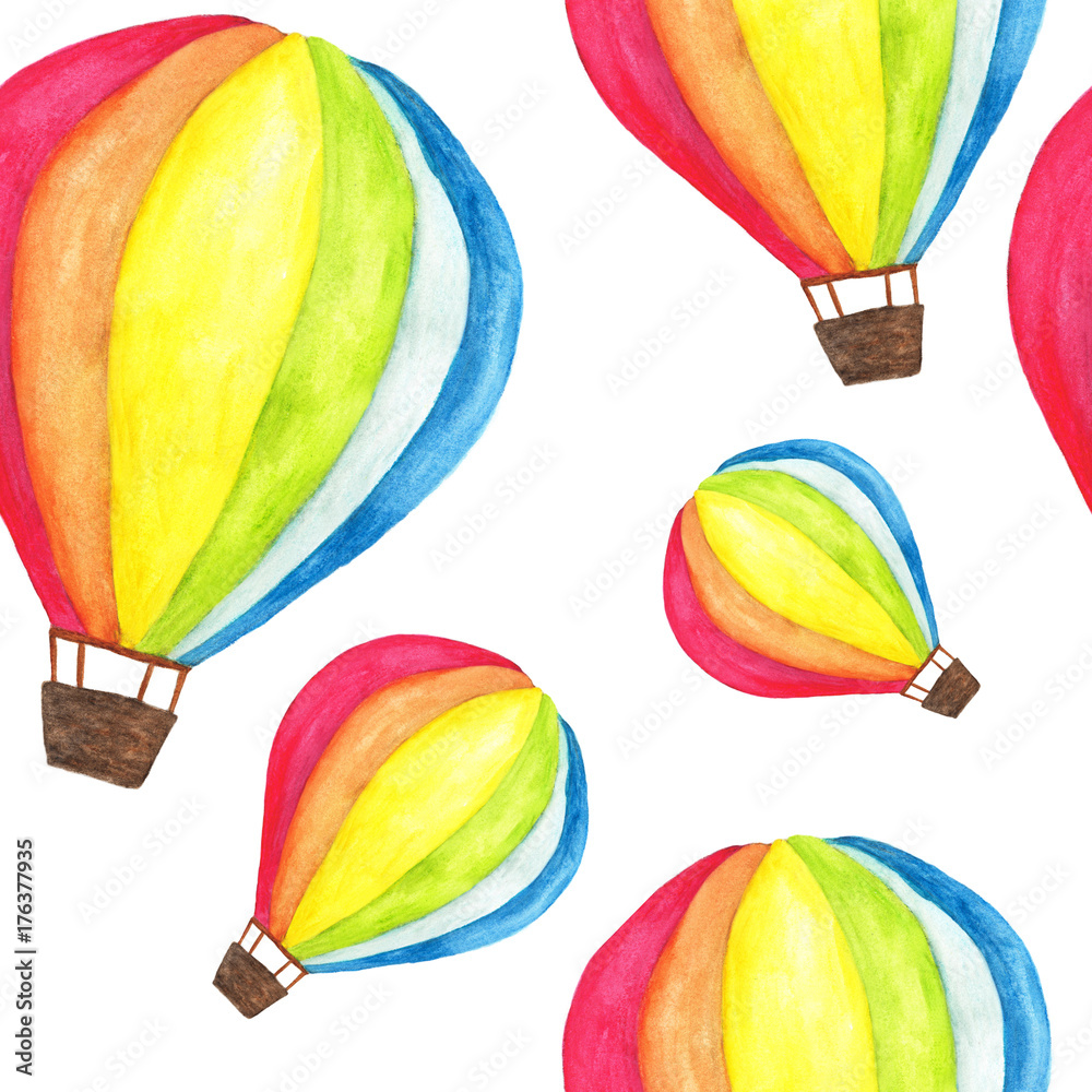 Fototapeta premium Watercolor rainbow hot air balloon seamless pattern. Background Wallpaper