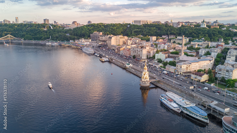 Aerial top view of Dnepr river and Podol district from above, Kiev (Kyiv) city, Ukraine
