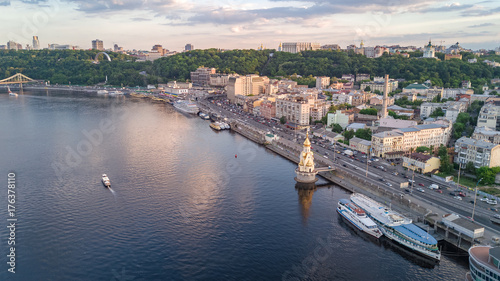 Aerial top view of Dnepr river and Podol district from above, Kiev (Kyiv) city, Ukraine 