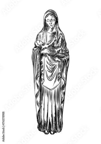 Virgin  Mary or Saint Mary or Mother of God with baby Jesus Christ in her hands. Birth of Jesus. Hand drawn illustration. Blackwork adult flesh tattoo concept. Christmas holiday template. Vector.