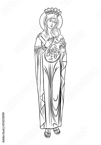 Virgin Mary tattoo art. Symbol of Christianity religion, mother of Christ. Blackwork adult flesh tattoo concept. Saint Mary with a child Jesus template concept. Vector.