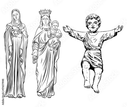 Set of Saint Mary holding baby Jesus. Hand drawn Virgin Mary and Baby Jesus Christ nativity scene. Nativity Christmas graphics design elements. Blackwork adult flesh tattoo concept. Vector.