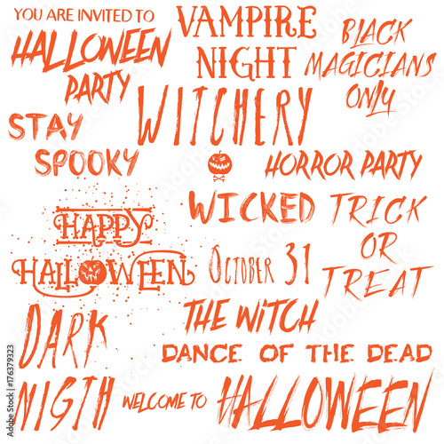 Set of Halloween quotes for posters about Halloween party and Scary phrases for greeting card printable wall art designs and flyers, different font calligraphy collection. Vector.