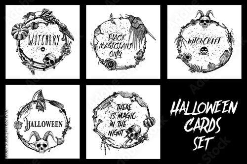 Set of hand drawn cards. Spooky Halloween Party sketch frame design illustration. Detailed holiday backgrounds. All items are separate with twigs laurel, forest wreath or boho witch frame. Vector.