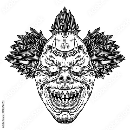 Scary cartoon clown illustration. Blackwork adult flesh tattoo concept. Horror movie zombie clown face character. Vector. photo