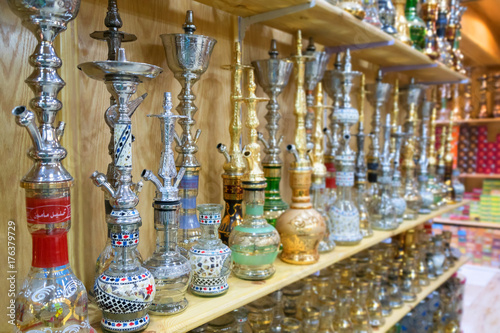 Shelves with hookahs in an oriental shop.
