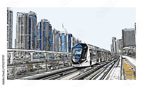 Vector illustration with sketch of Tram metro and buildings in Dubai, UAE.
