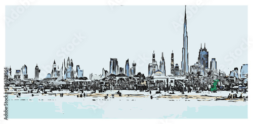 Vector illustration with sketch of Skyline, Dubai UAE.