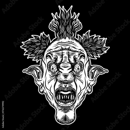 Devil clown head illustration. Nightmare inspired satanic influence clown face with mohawk, dark twist face gesture. Possessed by demon smiling mascot. Blackwork adult flesh tattoo concept. Vector.