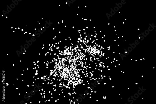 Black grainy textured and isolated on white background glitter and sprinkles. Distress overlay of sugar and salt. Grunge design elements. Vector.