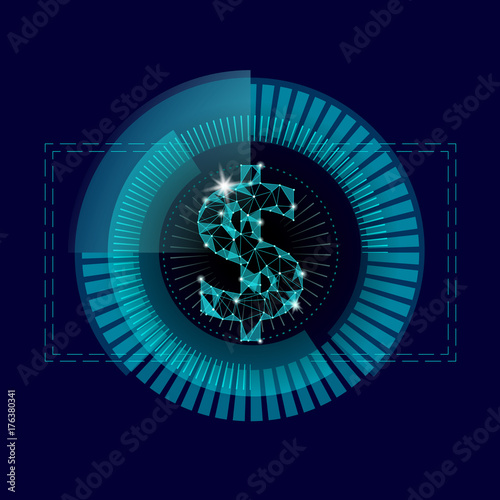 Dollar target HUD graph interface display. American currency symbol low poly geometric blue icon user money hunting concept vector illustration