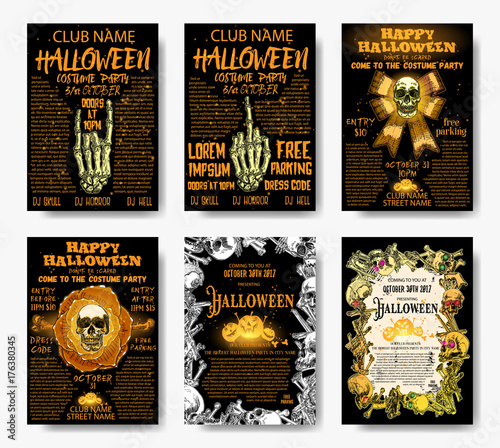 Halloween costume party invitation and greeting card set, flyer, banner, poster templates. Hand drawn skull and bones elements and handwritten ink lettering. Lot of space for text. Vector.