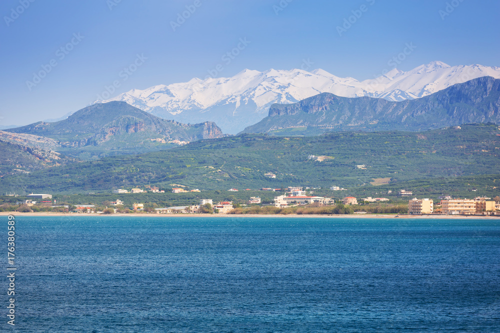 Coastline of Kissamos town on Crete with Samaria mountains, Greece