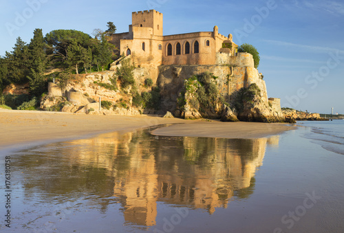 old golden castle with reflections in water in Portugal