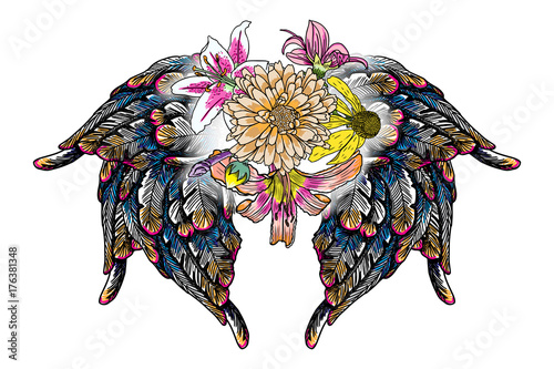 Mother's day drawing layout design with roses, flowers and bird wings. Concept for, flyer, card, invitation. Angel wings and blooming lily, roses Blackwork tattoo in feminine style. Vector.