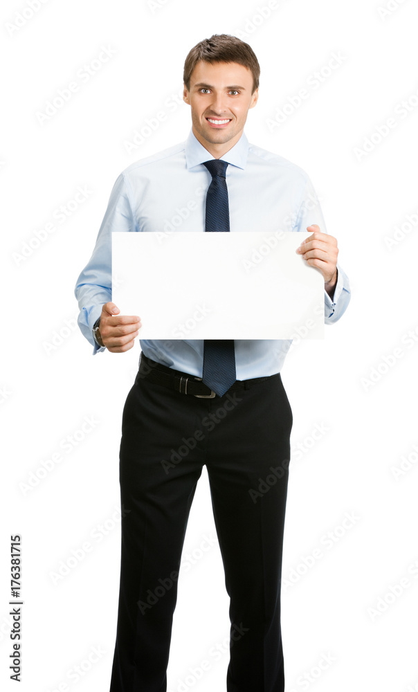 Businessman showing signboard, on white Businessman showing signboard, on white
