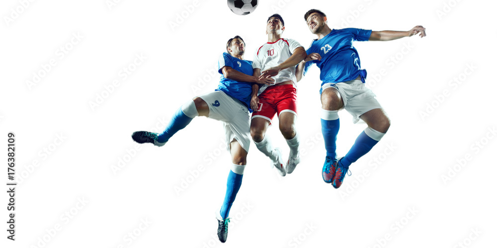 Soccer players fight for the ball. Isolated football players in unbranded sport uniform on a white background.