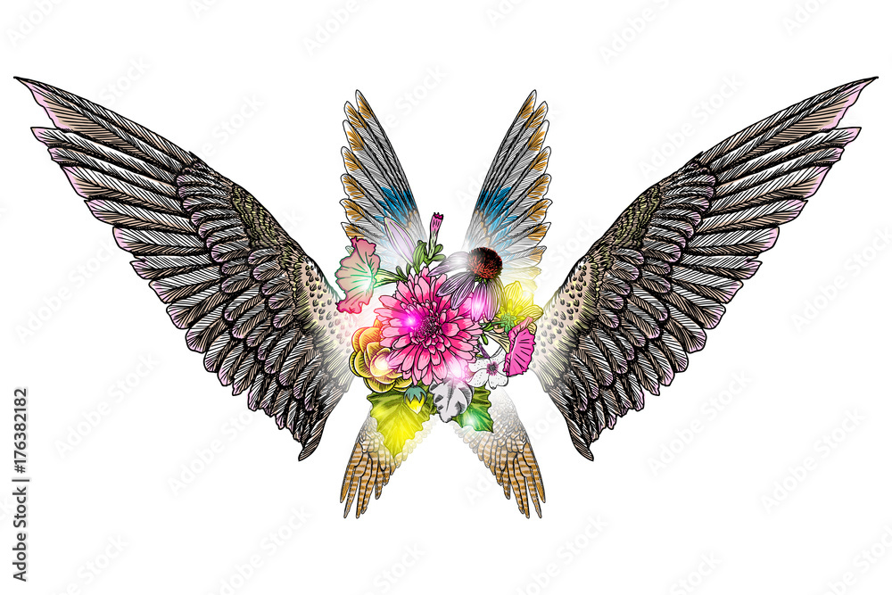Obraz premium Mother's day drawing layout design with roses, flowers and bird wings. Concept for, flyer, card, invitation. Angel wings and blooming lily, roses Blackwork tattoo in feminine style. Vector.