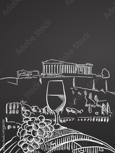 Wine glass on barrel in front of temple in greece