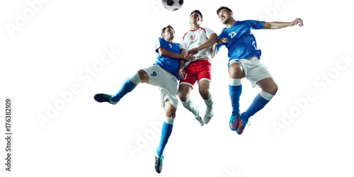 Soccer players fight for the ball. Isolated football players in unbranded sport uniform on a white background.