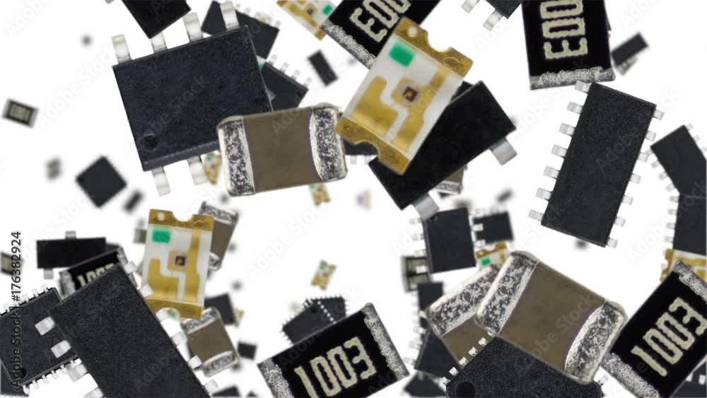 Electronic components falling down on white background (vertical, seamless loopable) in 4K footage