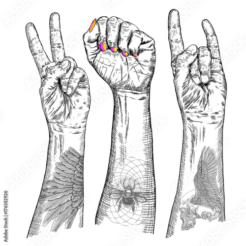 Youth crowd hands manifesting new generation. Set of hands of young people boys and girls with different gestures. Millennials woman and man wrist freedom victory signs with flash tattoos. Vector.