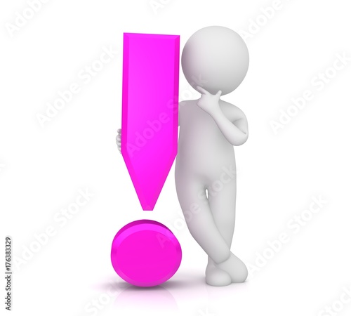 exclamation mark exclamation point pink 3d with thinking pondering stick man solving problems isolated on white gay colored homosexual coming out questions
