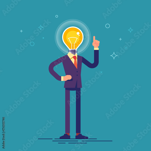 Businessman in formal suit with light bulb instead of his head and a raised finger up. Idea concept. Modern vector illustration in flat style.