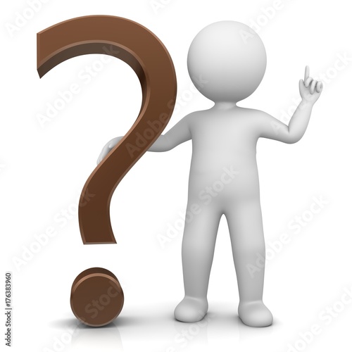 question mark 3d brown interrogation point questions sign asking symbol icon isolated on white with stick man pointing up with finger