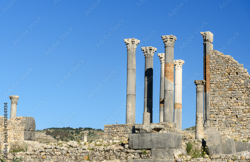 Capitoline Temple in Roman ruins, ancient Roman city of Volubilis. Morocco