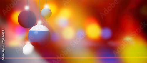 Russia flag on Christmas ball with blurred and abstract background.