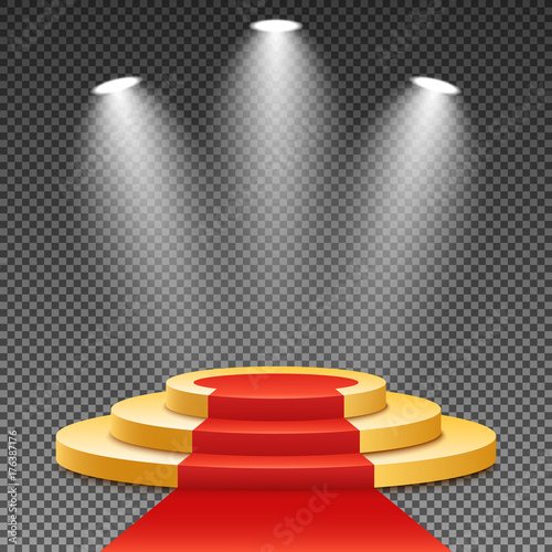 Gold podium with a red carpet. The winner is in first place. Bright white light from searchlights. Gold pedestal. Festive event. Vector
