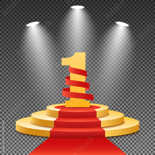 Gold podium with a red carpet on a transparent background. The winner is in first place. Bright white light from searchlights. Gold pedestal. Number one. Festive event. Vector