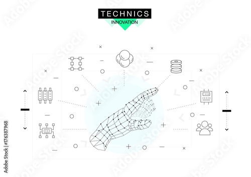 Trendy technics Innovation systems layouts in polygonal contour line composition, future analysis and technology operations. Made in awesome realy geometry style with linear pictogram of future design