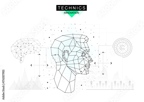 Trendy technics Innovation systems layouts in polygonal contour line composition, future analysis and technology operations. Made in awesome realy geometry style with linear pictogram of future design