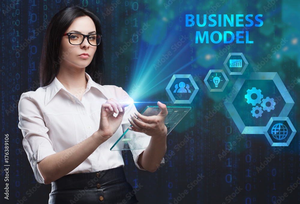 Fototapeta premium The concept of business, technology, the Internet and the network. A young entrepreneur working on a virtual screen of the future and sees the inscription: Business model