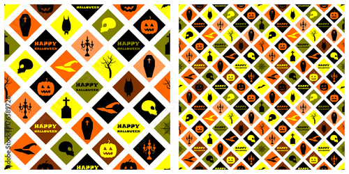 Seamless of Halloween pattern on transparent background. Single pattern is shown in the left. The example of assembly seamless is shown in the right.  