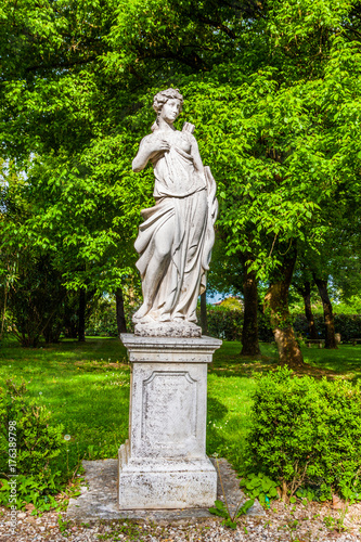 An antique statue by tree lined alley in gardens, italy