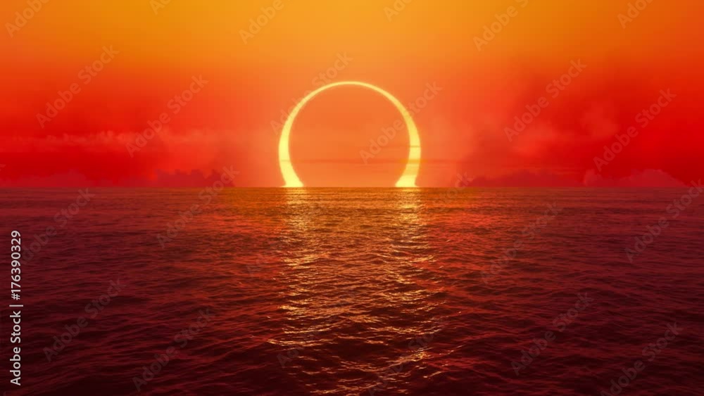 Sunset and solar eclipse over seamlessly looped ocean. 