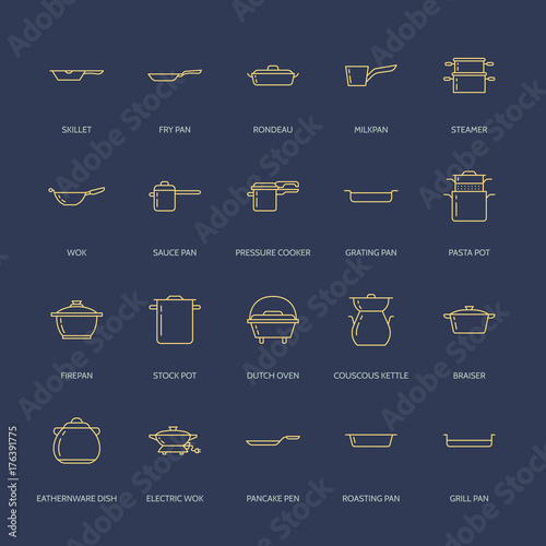 Pot, pan and steamer line icons. Restaurant professional equipment signs. Kitchen utensil - wok, saucepan, eathernware dish. Thin linear signs for commercial cooking store.