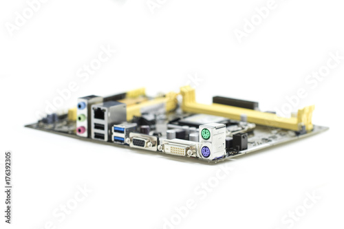 Image of Computer Motherboard on a white background. Equipment and computer hardware