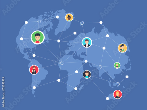 Social network, people connecting all over the world. Vector flat illustration.